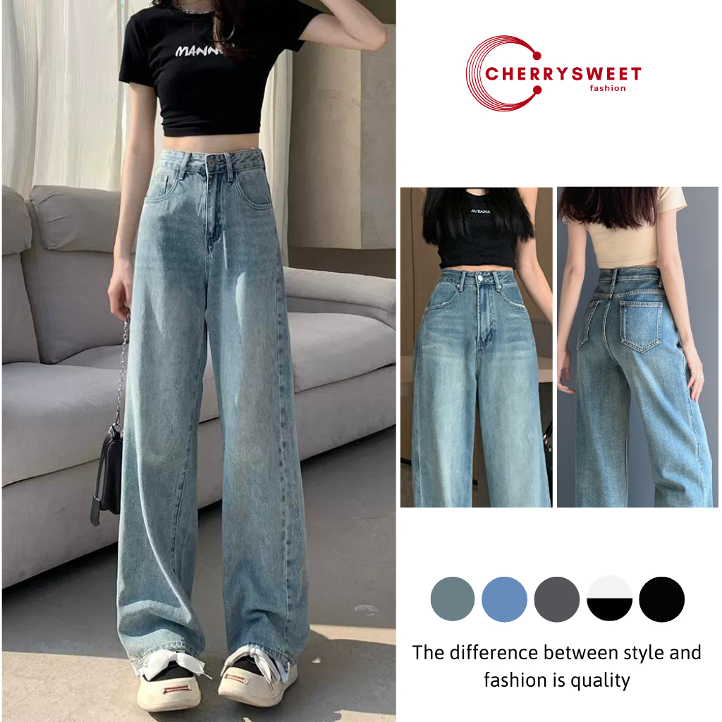 Quần jean suông ống rộng nữ cạp cao CHERRYSWEET dáng xuông basic, vải bò dày đẹp phong cách Hàn Quốc trendy 2023 T008-1