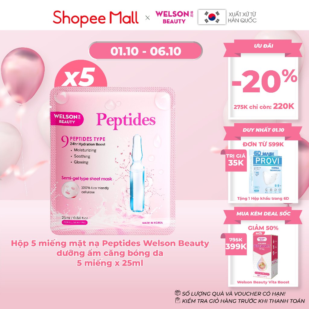 Hộp 5 miếng mặt nạ Peptides Welson Beauty dưỡng ẩm căng bóng da 5 miếng x 25ml