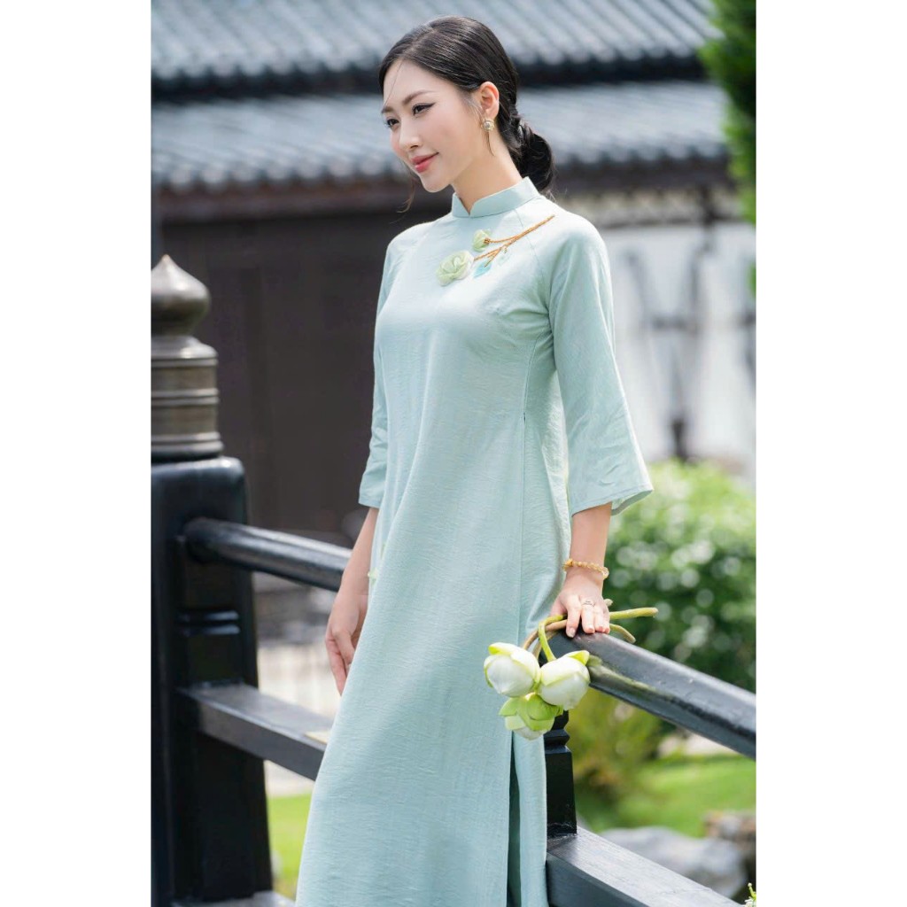 Áo dài cách tân vải Tơ tằm cao cấp 4 tà, đính hoa