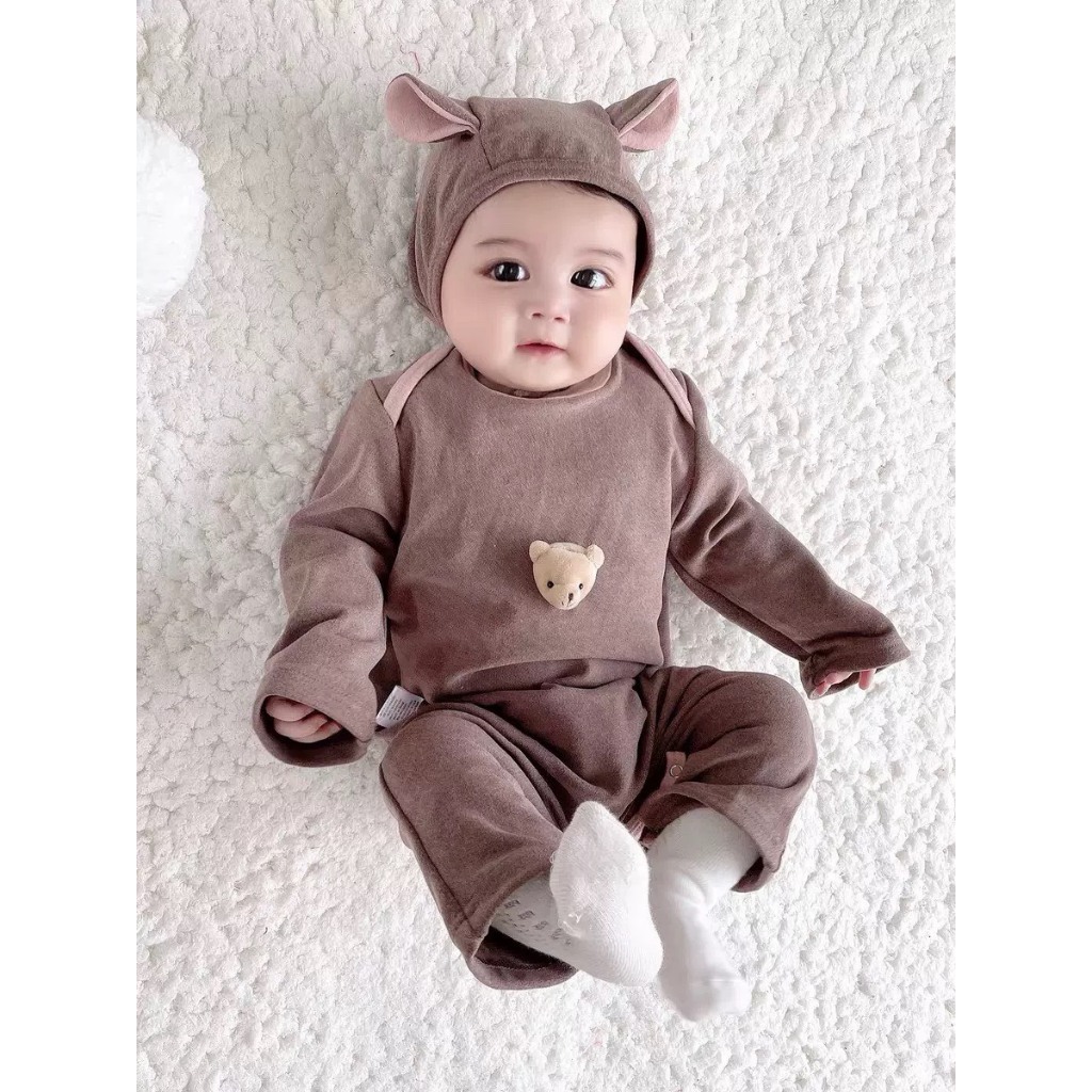 Body cotton gắn gấu thỏ cho bé trai bé gái tặng kèm mũ HÀNG CAO CẤP
