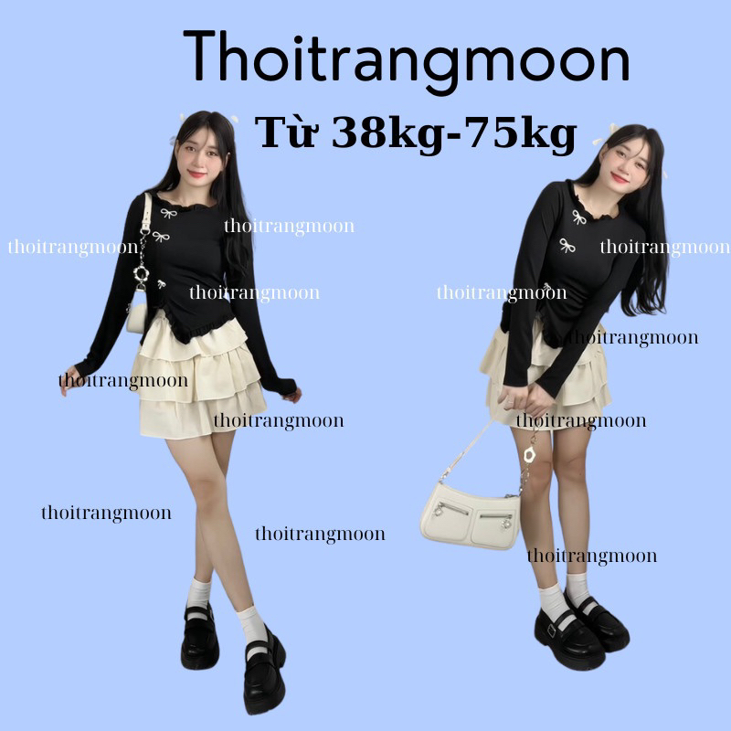 Set nữ váy áo thun dài tay cùng chân váy xếp xòe tầng ,set bộ có tặng kèm tang nơ Thoitragmoon có bigsize