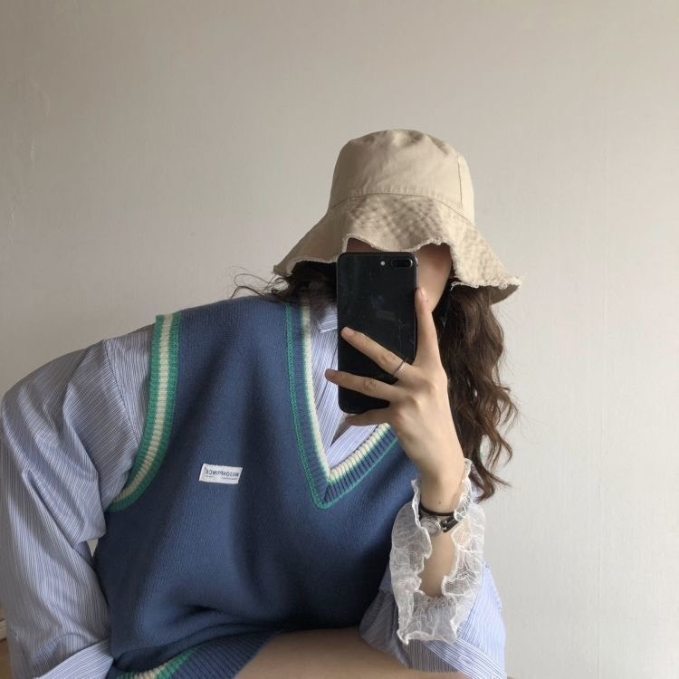 Áo gile nữ, áo gile len dáng rộng cổ V phong cách Hàn Quốc màu trơn Vintage Ulzzang màu xanh, màu tím - 001
