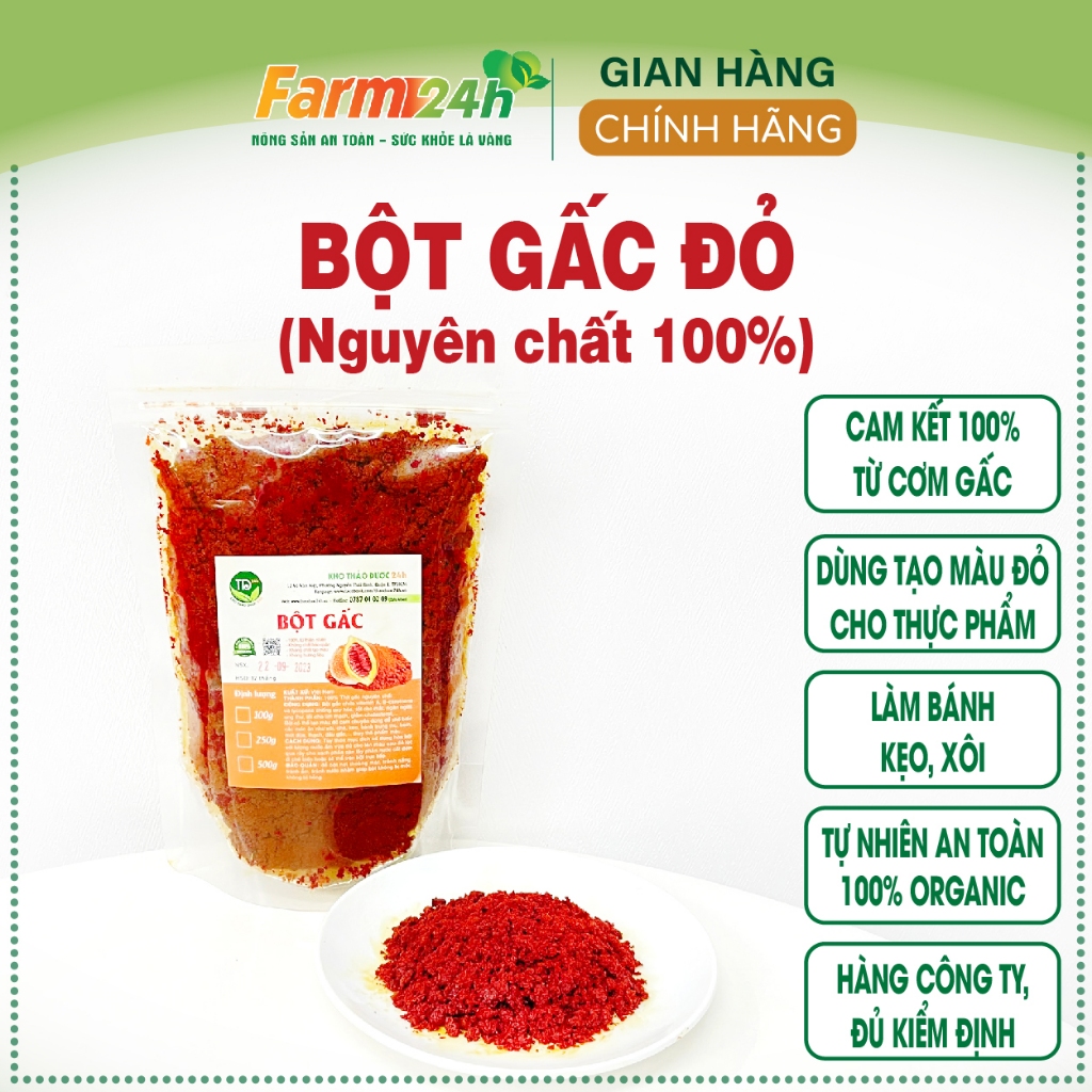 Bột gấc đỏ nguyên chất 100%, dùng nấu xôi gấc đỏ, tạo màu, hương thơm tự nhiên, làm bánh kẹo, thạch dừa, mứt, chè