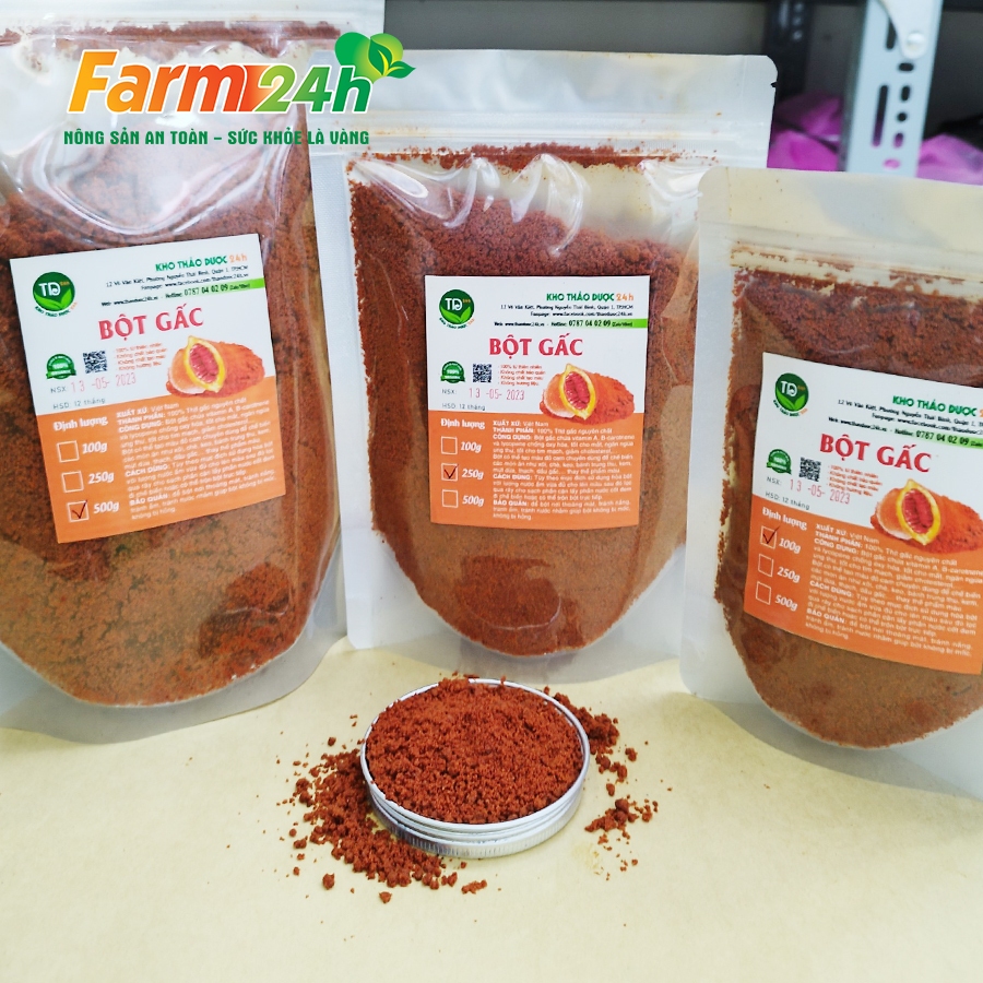 Bột gấc đỏ 100% nguyên chất, tạo màu và mùi vị tự nhiên, dùng nấu xôi, bánh, thạch, mứt, hàng công ty, đầy đủ kiểm định