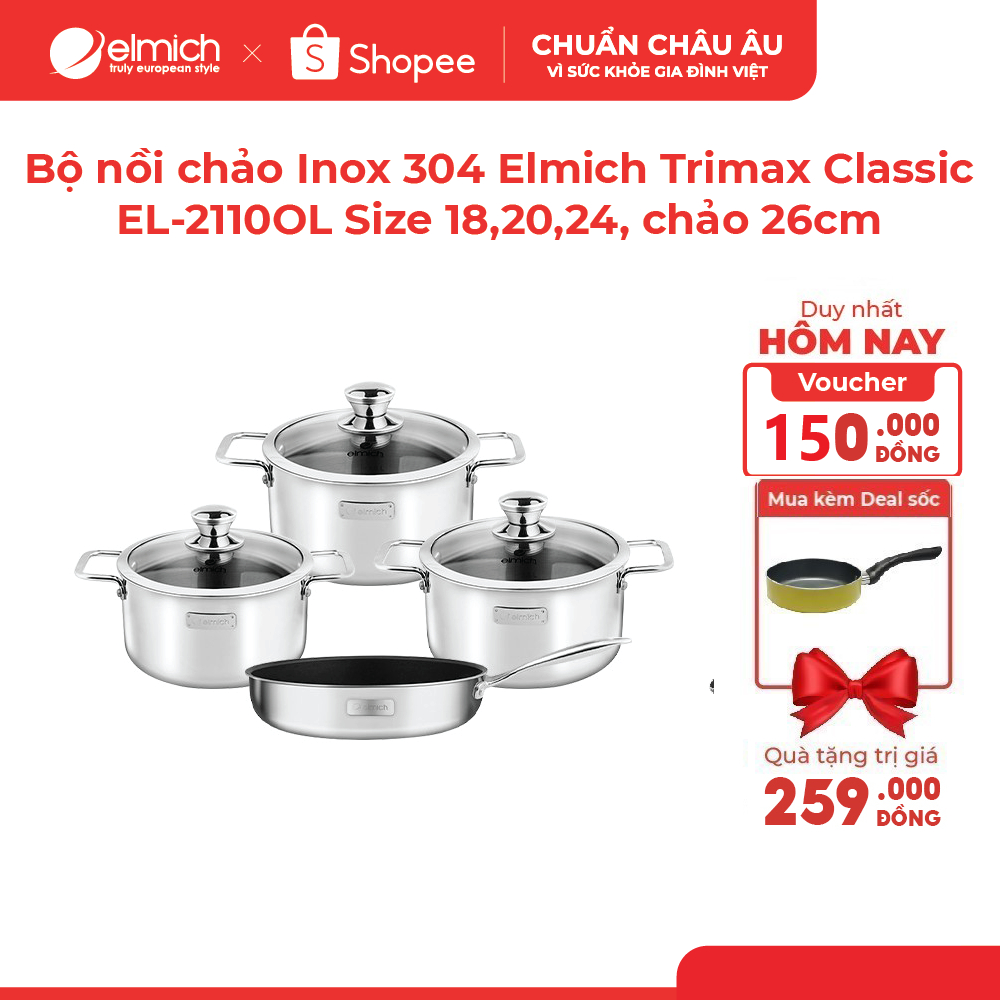 [LIFEMCMBP4 -12% đơn 250K] Bộ nồi chảo Inox 304 cao cấp 3 đáy liền nguyên khối Elmich Trimax Classic EL-2110OL