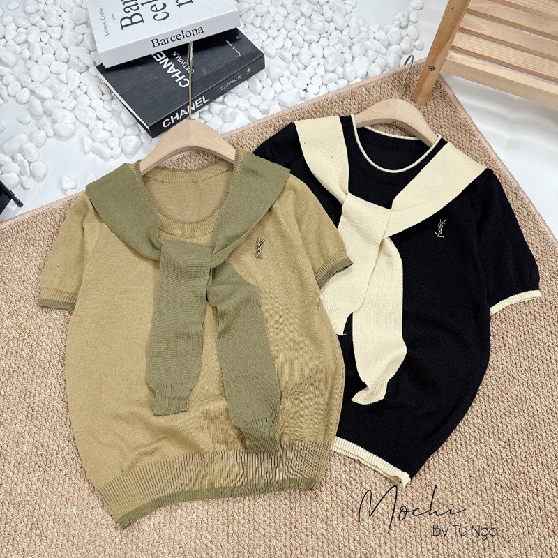 Áo len khăn cổ tròn tay cộc kèm tag hàng quảng châu siêu đẹp A295