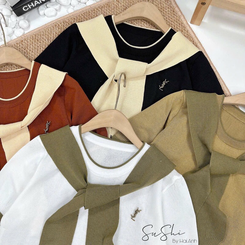 Áo len khăn cổ tròn tay cộc kèm tag hàng quảng châu siêu đẹp A295