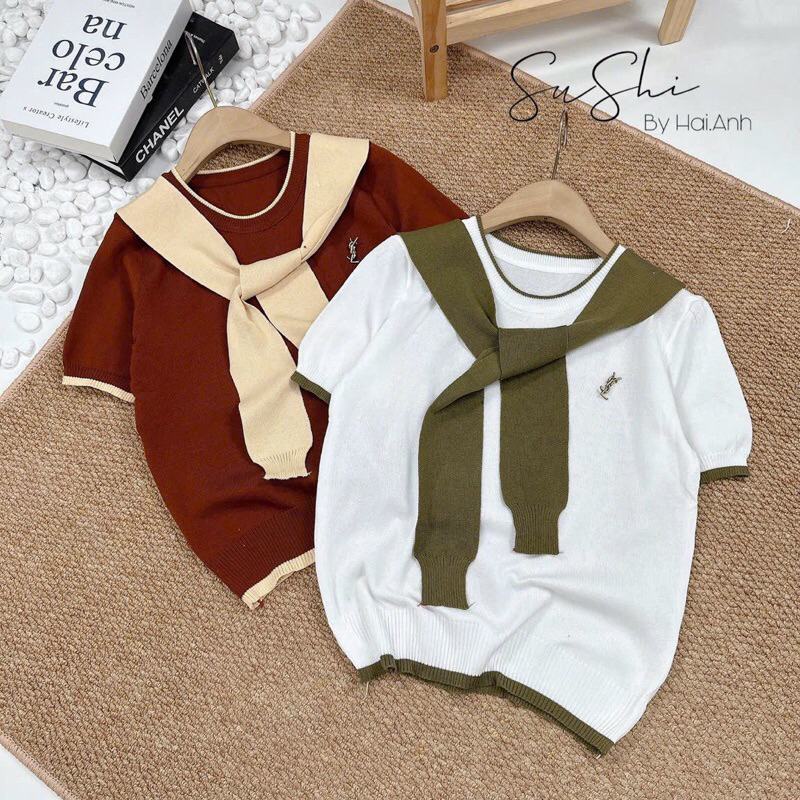 Áo len khăn cổ tròn tay cộc kèm tag hàng quảng châu siêu đẹp A295