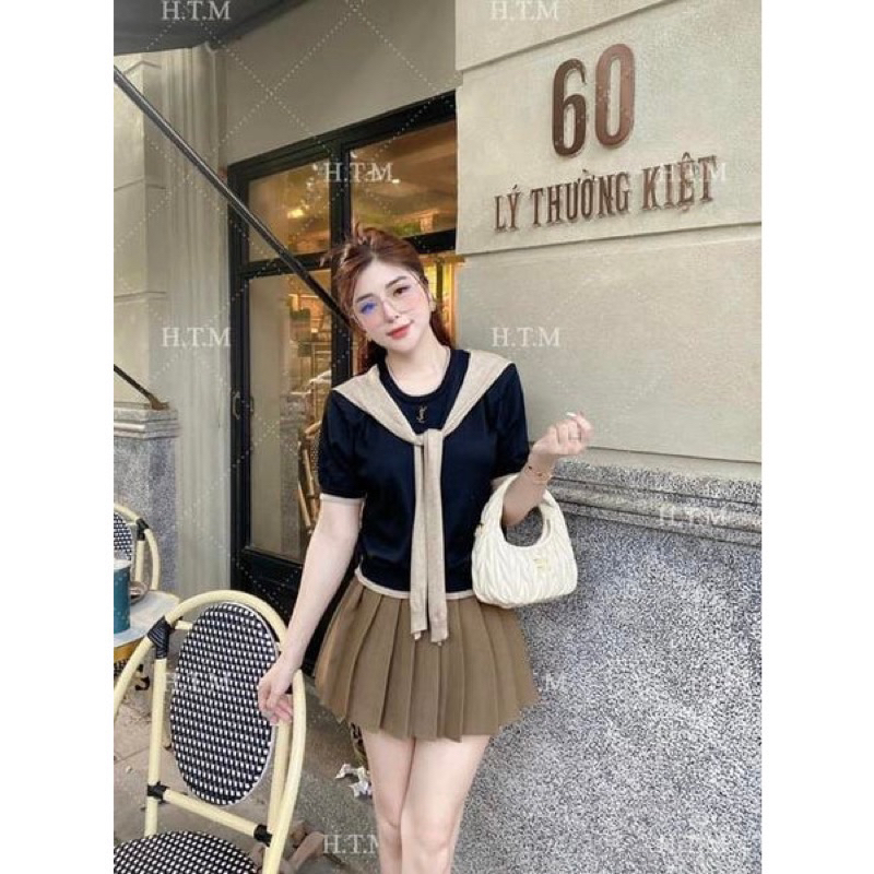 Áo len khăn cổ tròn tay cộc kèm tag hàng quảng châu siêu đẹp A295