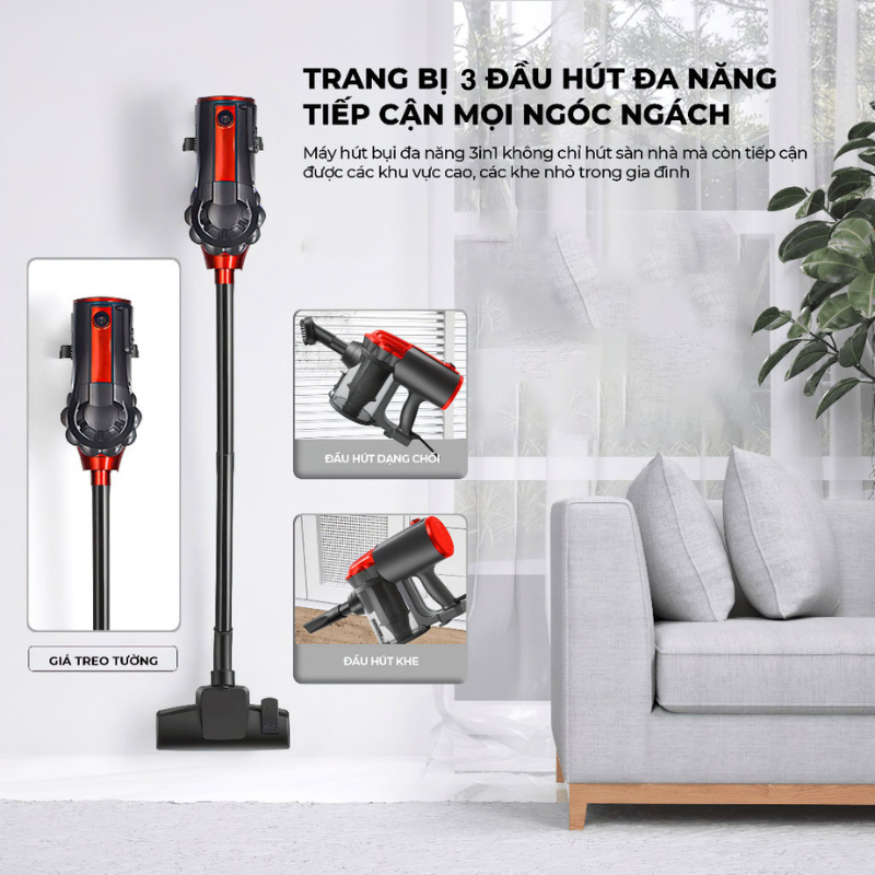 Máy hút bụi DELA Lực hút siêu mạnh 1200W, thế hệ mới, cầm tay kiểu đứng, 3 đầu hút MHB06