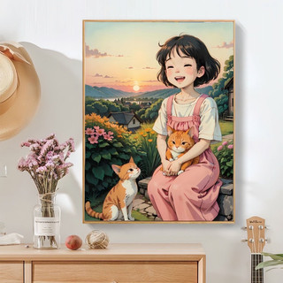 [CÓ SẴN] Tranh sơn dầu số hóa DIY đã căng khung khổ 40x50cm - Tranh Cô bé cùng bạn mèo