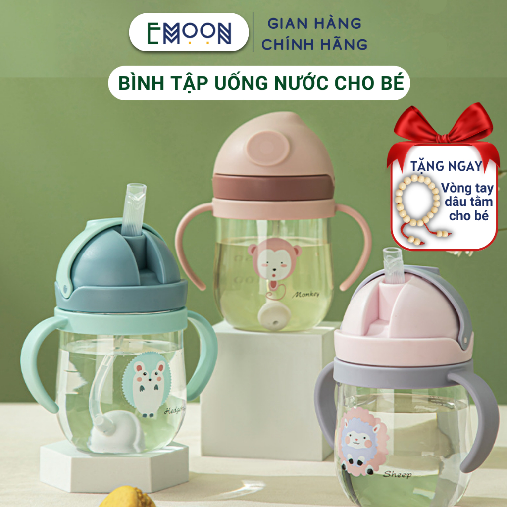 Bình tập uống nước cho bé Emoon 250ml, ống hút silicon mềm có van chống sặc, chất liệu an toàn cho bé, có ống thay thế