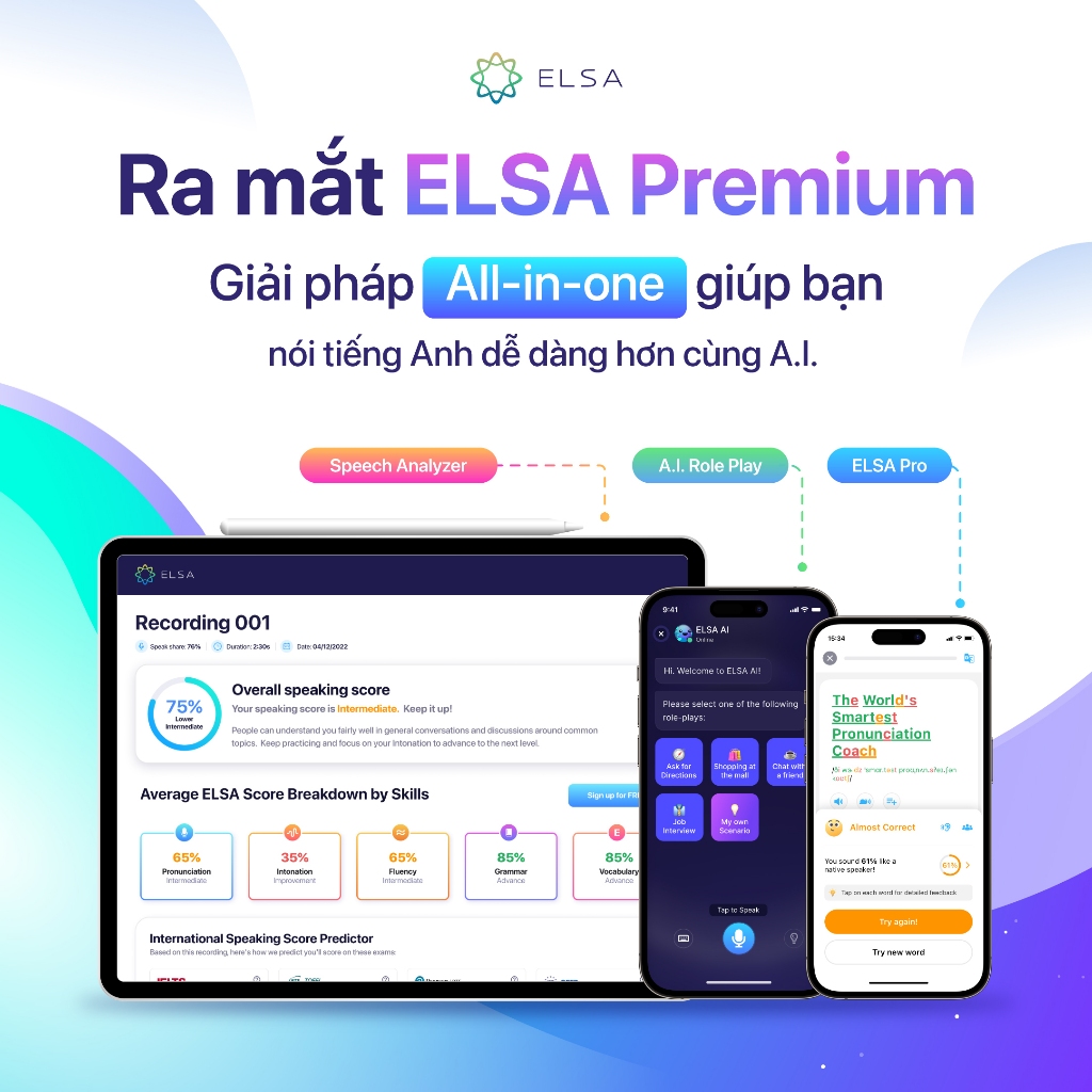 Trọn bộ ELSA Premium bao gồm ELSA Pro, ELSA AI và Speech Analyzer - 1 tháng