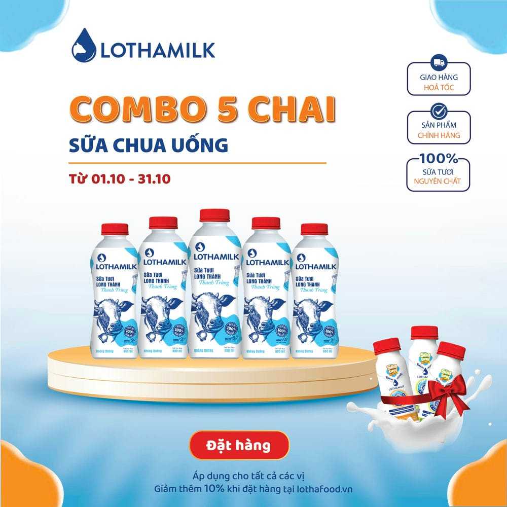 Sữa chua uống thanh trùng Lothamilk có đường chai 880ml