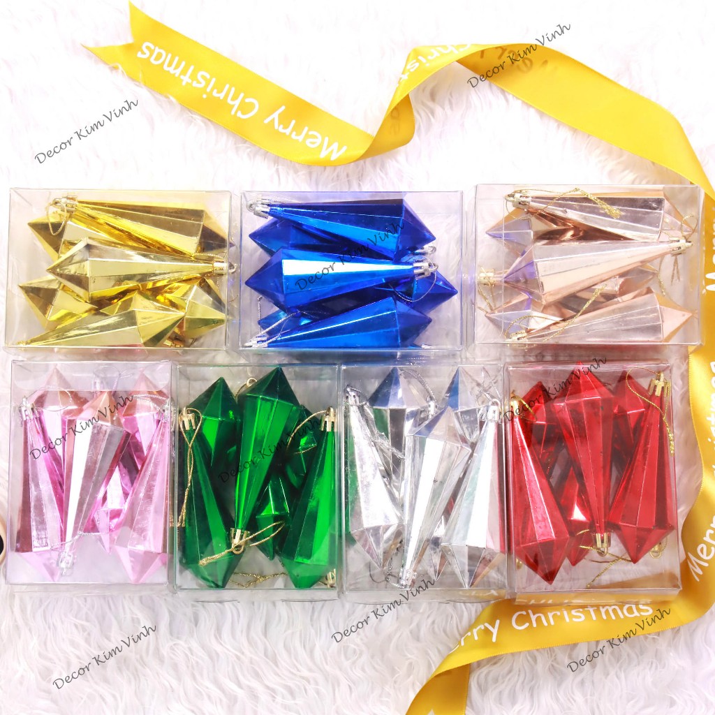 E43 Set 6 Quả Châu Giọt Nước Lục Giác Phụ Kiện Trang Trí Treo Cây Thông Giáng Sinh
