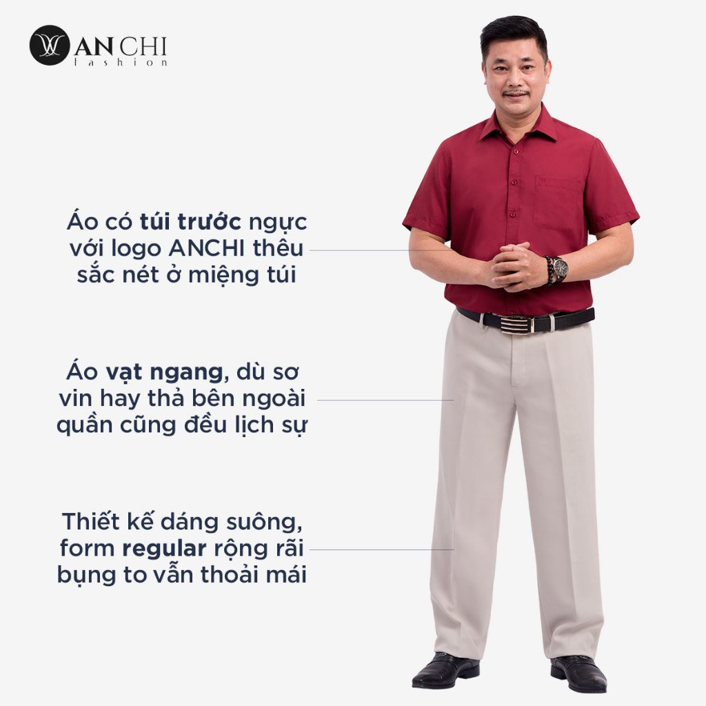 Áo Sơ Mi Nam Ngắn Tay Trung Niên ANCHI Classic Cotton Trơn Màu Đỏ Đô Cao Cấp