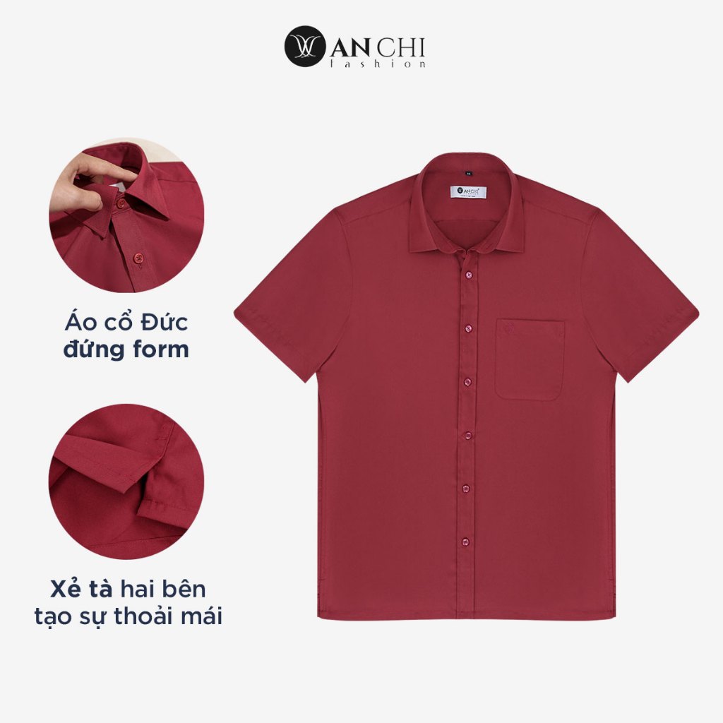 Áo Sơ Mi Nam Ngắn Tay Trung Niên ANCHI Classic Cotton Trơn Màu Đỏ Đô Cao Cấp