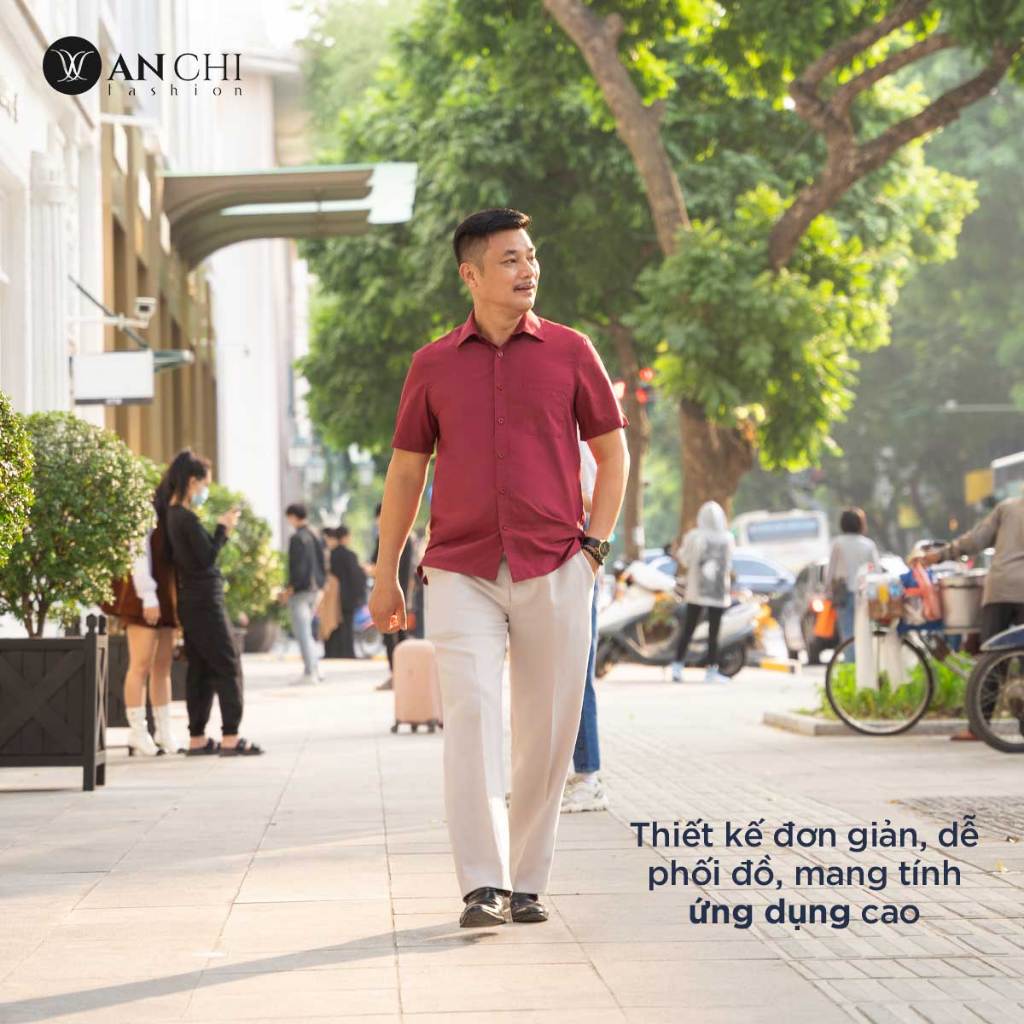 Áo Sơ Mi Nam Ngắn Tay Trung Niên ANCHI Classic Cotton Trơn Màu Đỏ Đô Cao Cấp