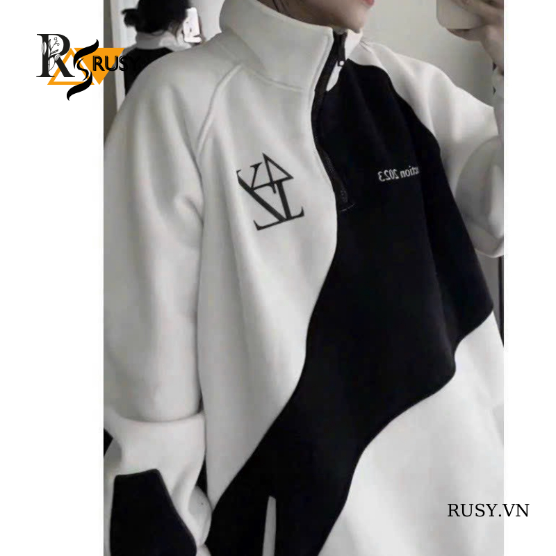Áo khoác hoodie 4TYZ nỉ bông dày dặn phối màu đen trắng dây rút form rộng unisex ,Áo khoác nỉ chui nam nữ Rusy