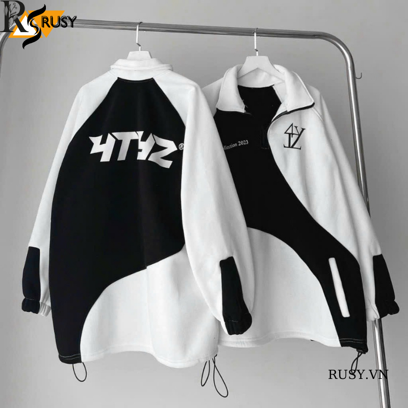 Áo khoác hoodie 4TYZ nỉ bông dày dặn phối màu đen trắng dây rút form rộng unisex ,Áo khoác nỉ chui nam nữ Rusy