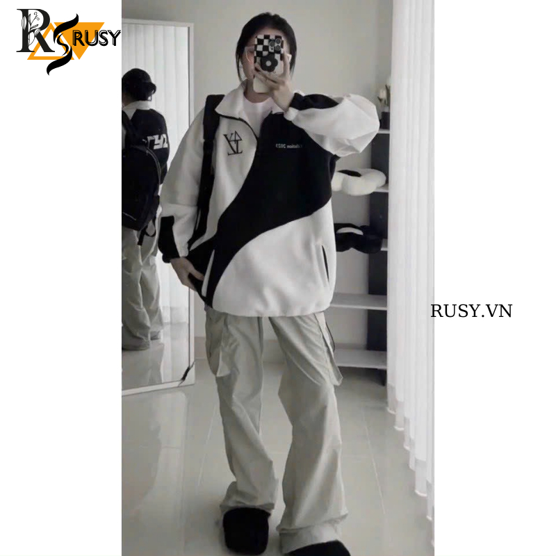 Áo khoác hoodie 4TYZ nỉ bông dày dặn phối màu đen trắng dây rút form rộng unisex ,Áo khoác nỉ chui nam nữ Rusy