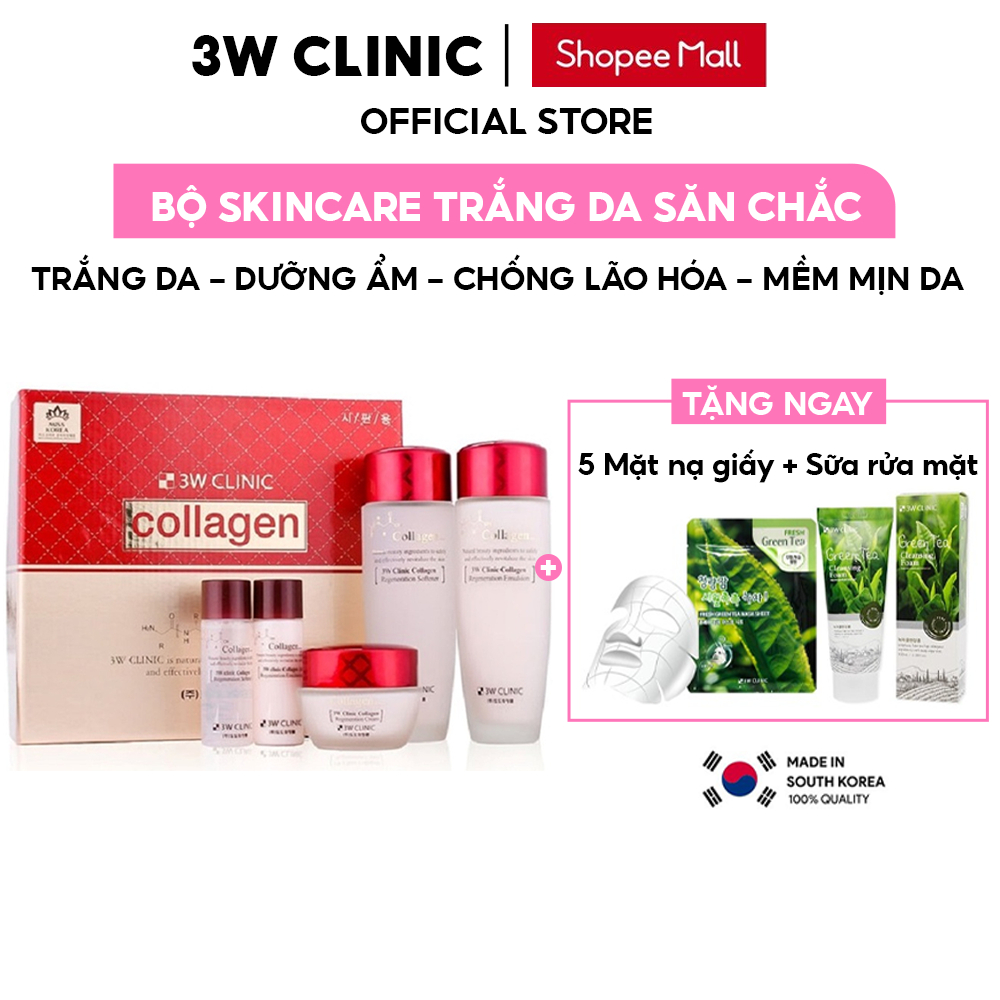 Bộ Skincare Trắng Da Săn Chắc Chống Lão Hóa 3W CLINIC Hàn Quốc chiết xuất từ Collagen giúp trắng sáng & mờ nám Full Size