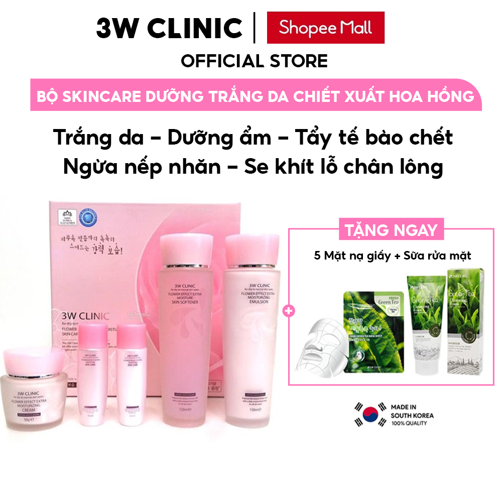 Bộ Skincare Trắng Da Dưỡng Ẩm 3W Clinic 5 in1 Hàn Quốc chiết xuất từ Hoa Hồng Full Sezi giúp da trắng sáng tự nhiên