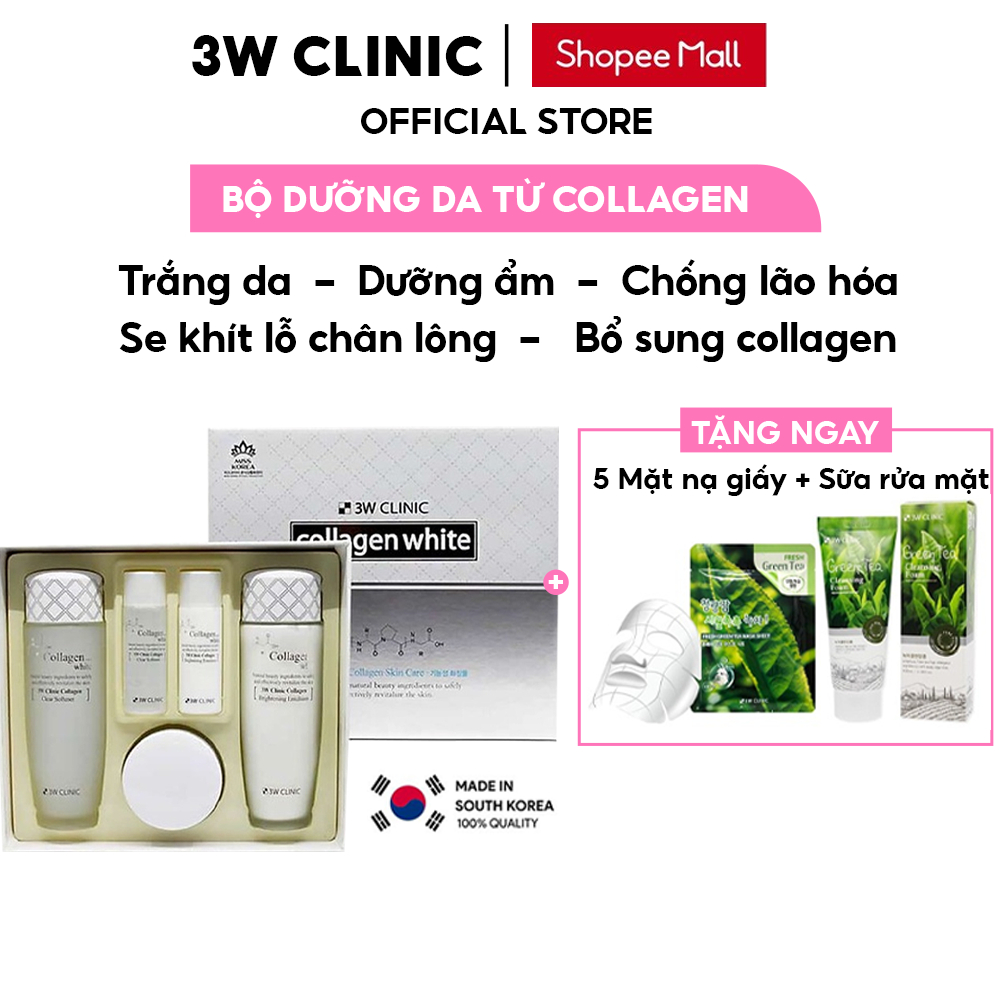 Bộ Skincare Dưỡng Trắng Da Dưỡng Ẩm 3W CLINIC Hàn Quốc chiết xuất từ Collagen ngăn ngừa lão hóa trắng sáng da Full Size