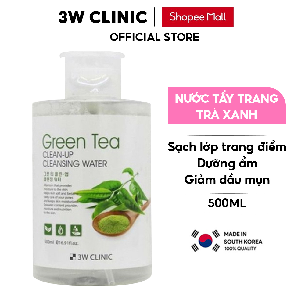 Nước Tẩy Trang Trà Xanh 3W Clinic Hàn Quốc chiết xuất lá trà xanh giúp da sạch lớp trang điểm giảm dầu mụn 500ml