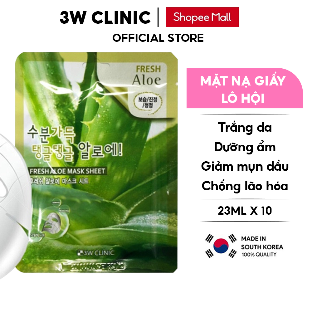 Mặt nạ giấy dưỡng ẩm trắng da chiết xuất từ Lô Hội 3W Clinic Hàn Quốc Lẻ Miếng 23ml