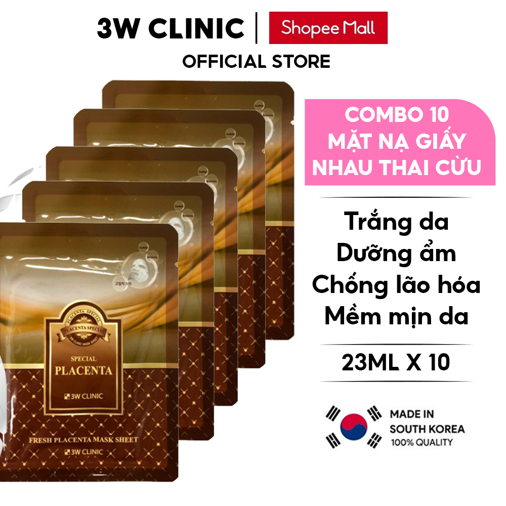 Combo 10 Túi Mặt nạ giấy dưỡng trắng da chống lão hóa tinh chất Nhau Thai Cừu 3W Clinic Hàn Quốc 23mlx10