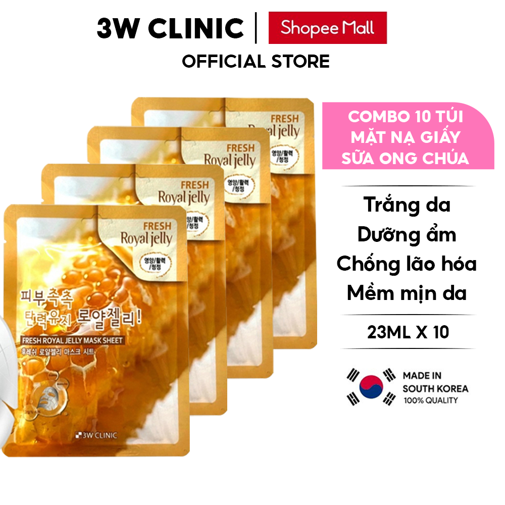 Combo 10 Túi Mặt nạ giấy dưỡng trắng da dưỡng ẩm chiết xuất từ sữa ong chúa 3W Clinic Hàn Quốc 23mlx10