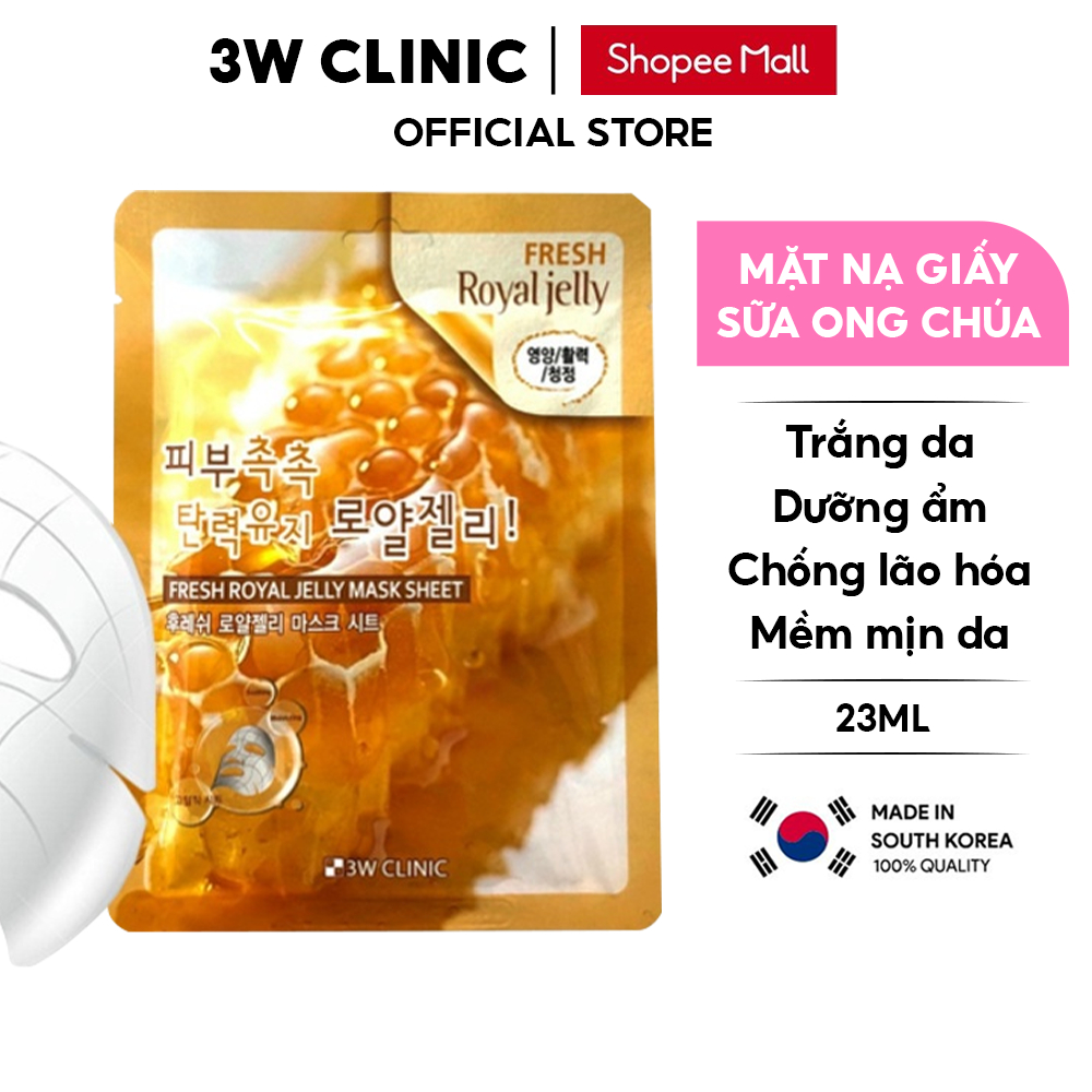 Mặt nạ giấy dưỡng da 3W Clinic Hàn Quốc chiết xuất từ sữa ong chúa dưỡng ẩm chống lão hóa và mềm mịn da lẻ miếng 23ml