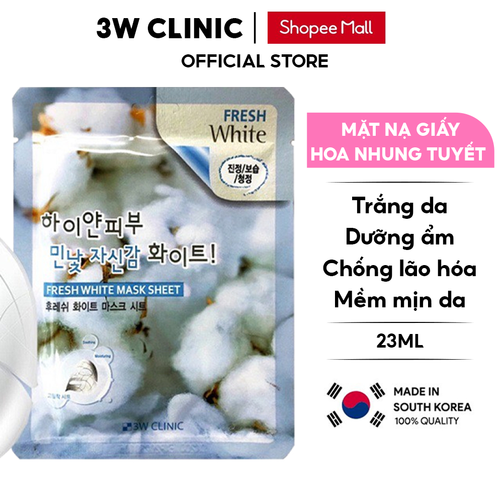 Mặt nạ giấy dưỡng da 3W Clinic Hàn Quốc chiết xuất từ Hoa Nhung Tuyết giúp da trắng sáng và mềm mịn da Lẻ Miếng 23ml