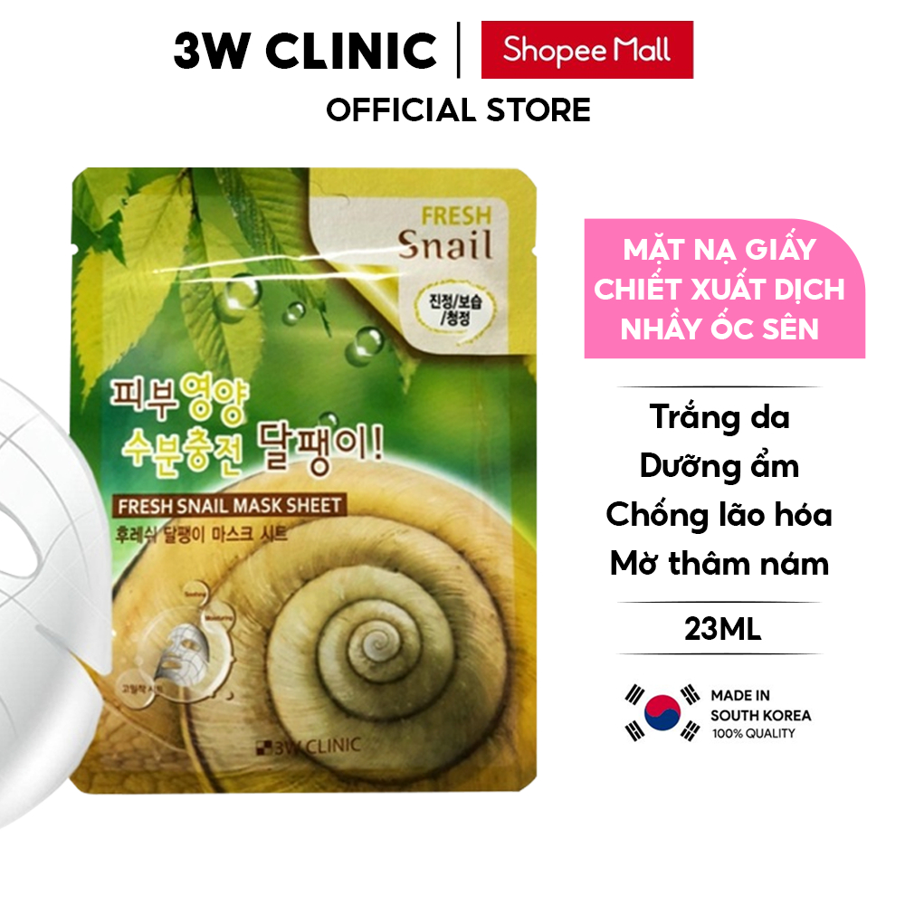 Mặt nạ giấy dưỡng da 3W Clinic Hàn Quốc chiết xuất dịch nhầy ốc sên giúp dưỡng ẩm giảm mụn trắng da và mềm mịn 23ml