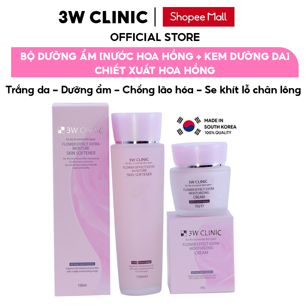 Bộ Skincare dưỡng ẩm dưỡng trắng da 3W Clinic Hàn Quốc chiết xuất từ Hoa Hồng ngăn ngừa lão hóa [ Nước hoa hồng + Kem ]