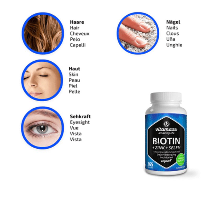 Viên uống da tóc móng Biotin Vitamaze 10mg Hochdosiert + Zink + Selen - 365Viên