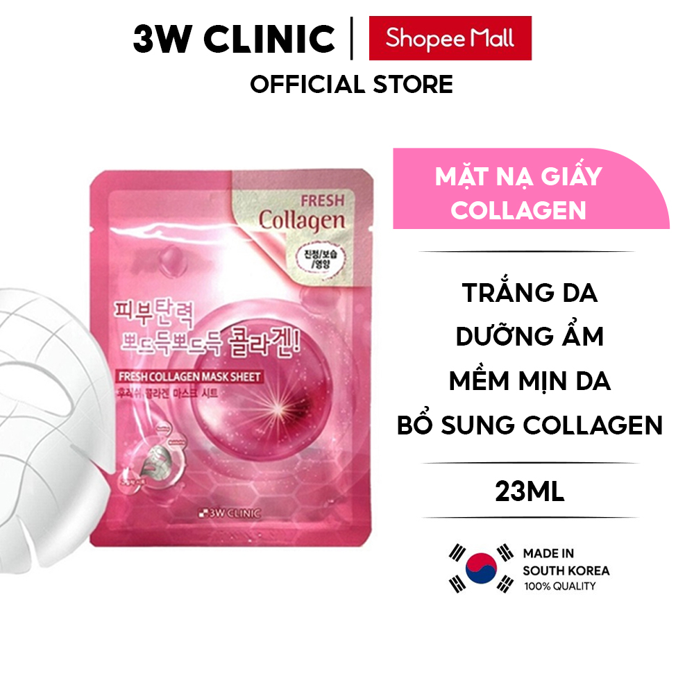 Mặt nạ giấy dưỡng da 3W Clinic Hàn Quốc chiết xuất từ tính chất Collagen giúp trắng da dưỡng ẩm và mềm mịn da 23ml