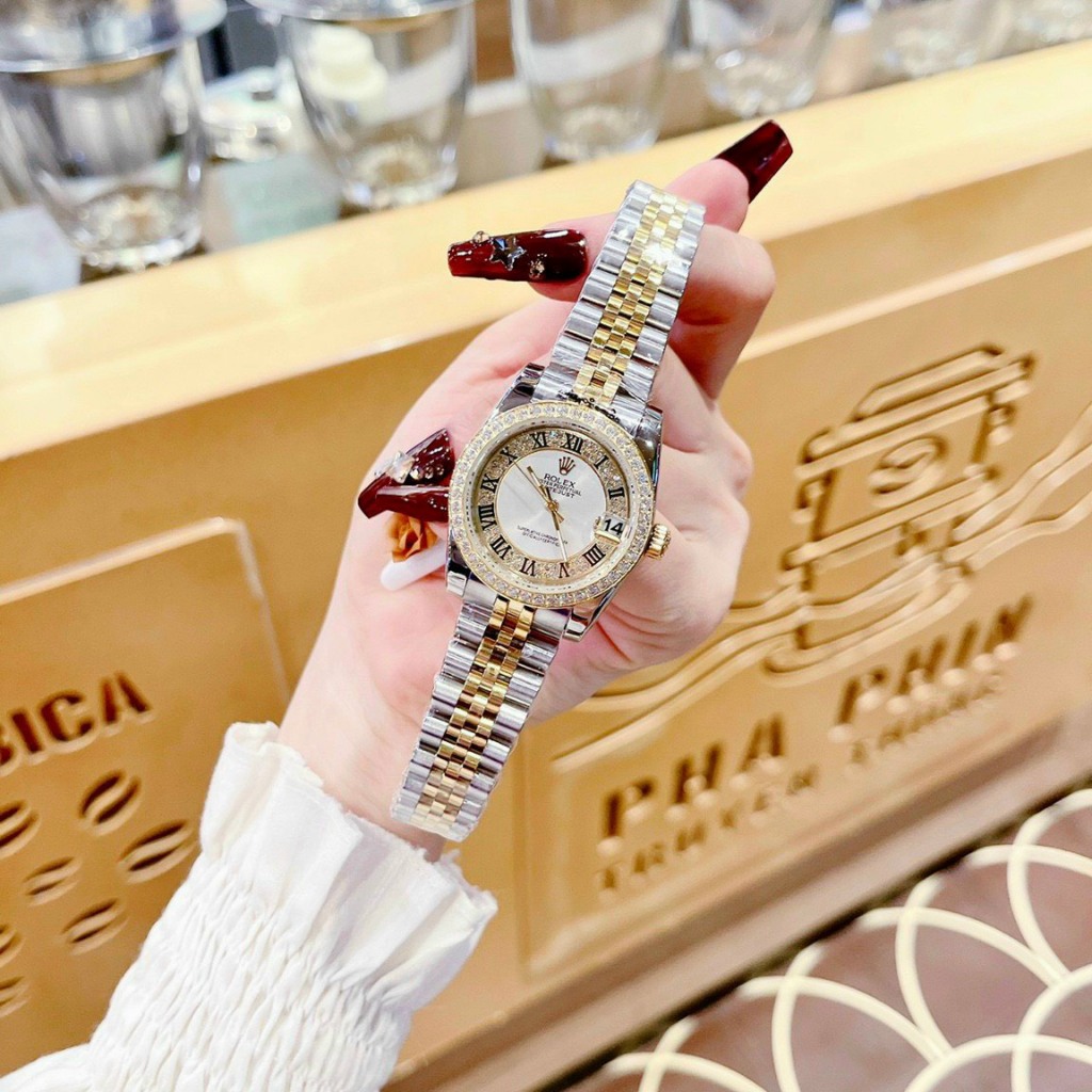 Đồng Hồ Nữ ROLEX FullBox cao cấp mặt trắng Case 32mm đính Full đá Máy Pin Nhật