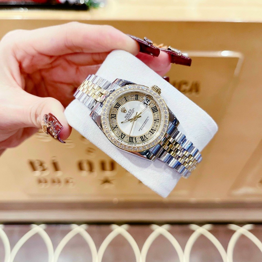 Đồng Hồ Nữ ROLEX FullBox cao cấp mặt trắng Case 32mm đính Full đá Máy Pin Nhật