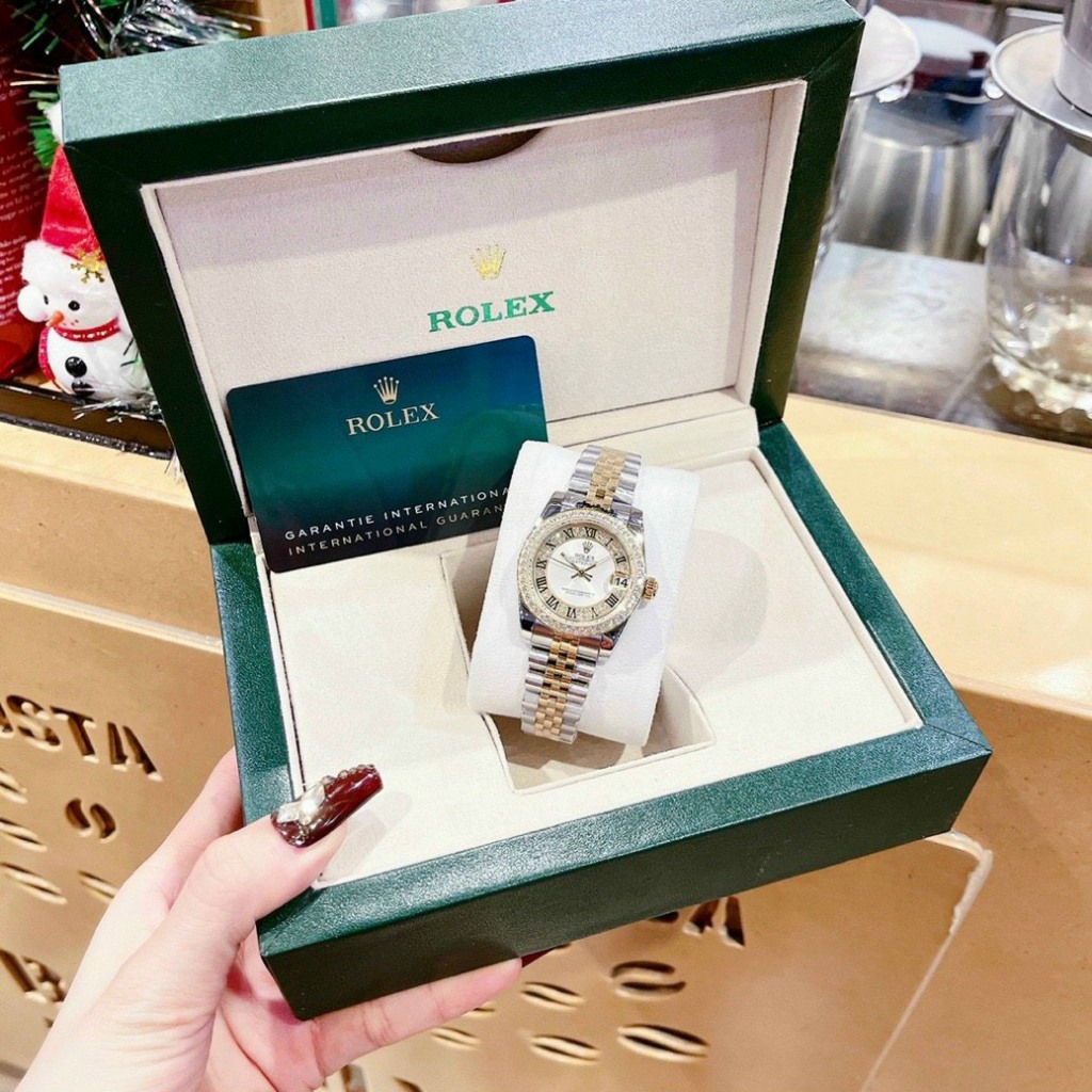 Đồng Hồ Nữ ROLEX FullBox cao cấp mặt trắng Case 32mm đính Full đá Máy Pin Nhật