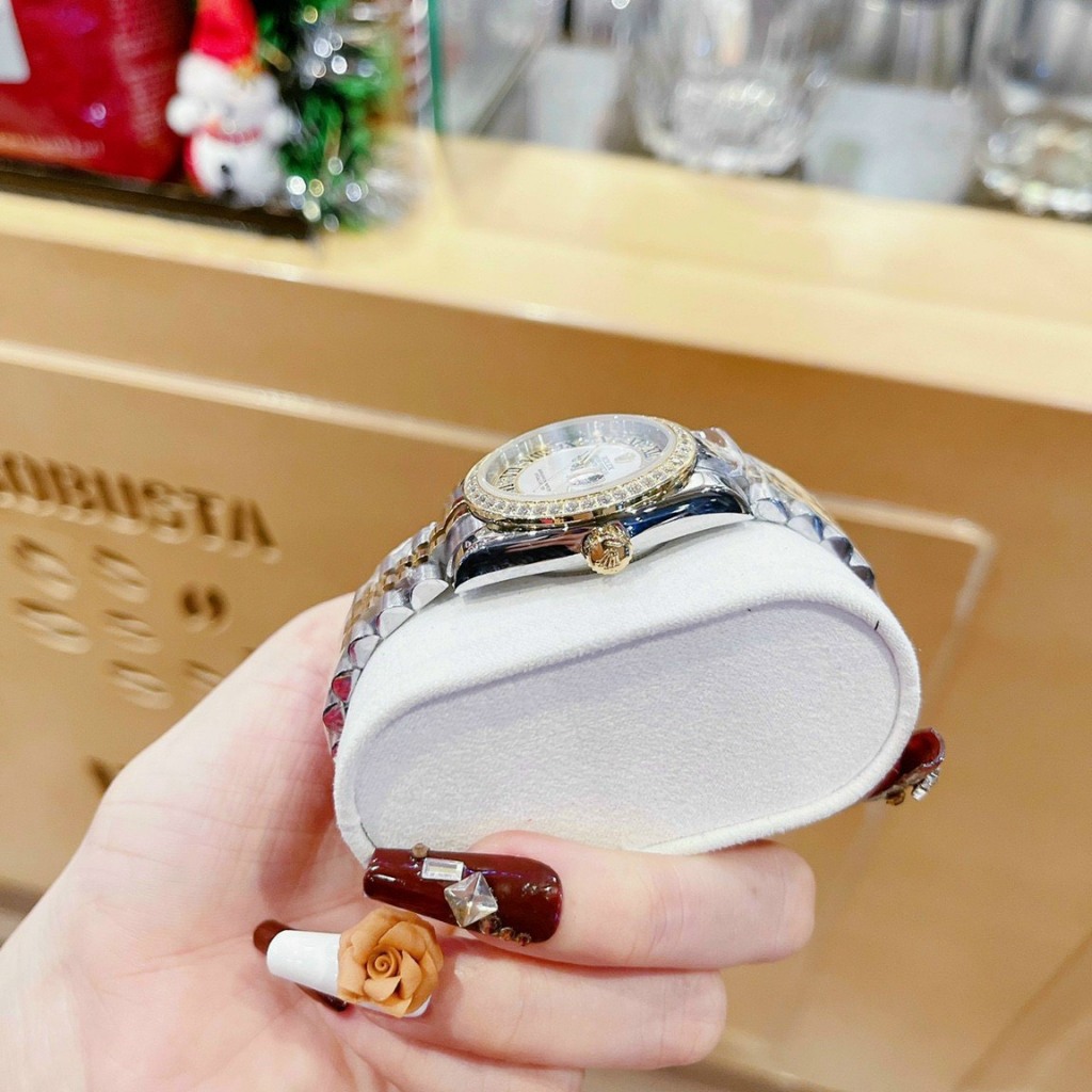 Đồng Hồ Nữ ROLEX FullBox cao cấp mặt trắng Case 32mm đính Full đá Máy Pin Nhật