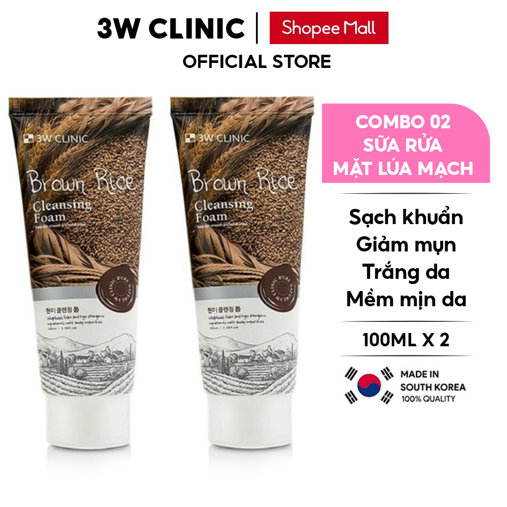 Combo 2 Sữa rửa mặt chiết xuất lúa mạch 3W Clinic Hàn Quốc trắng da sạch sâu & ngừa mụn 100ml x 2 Lọ