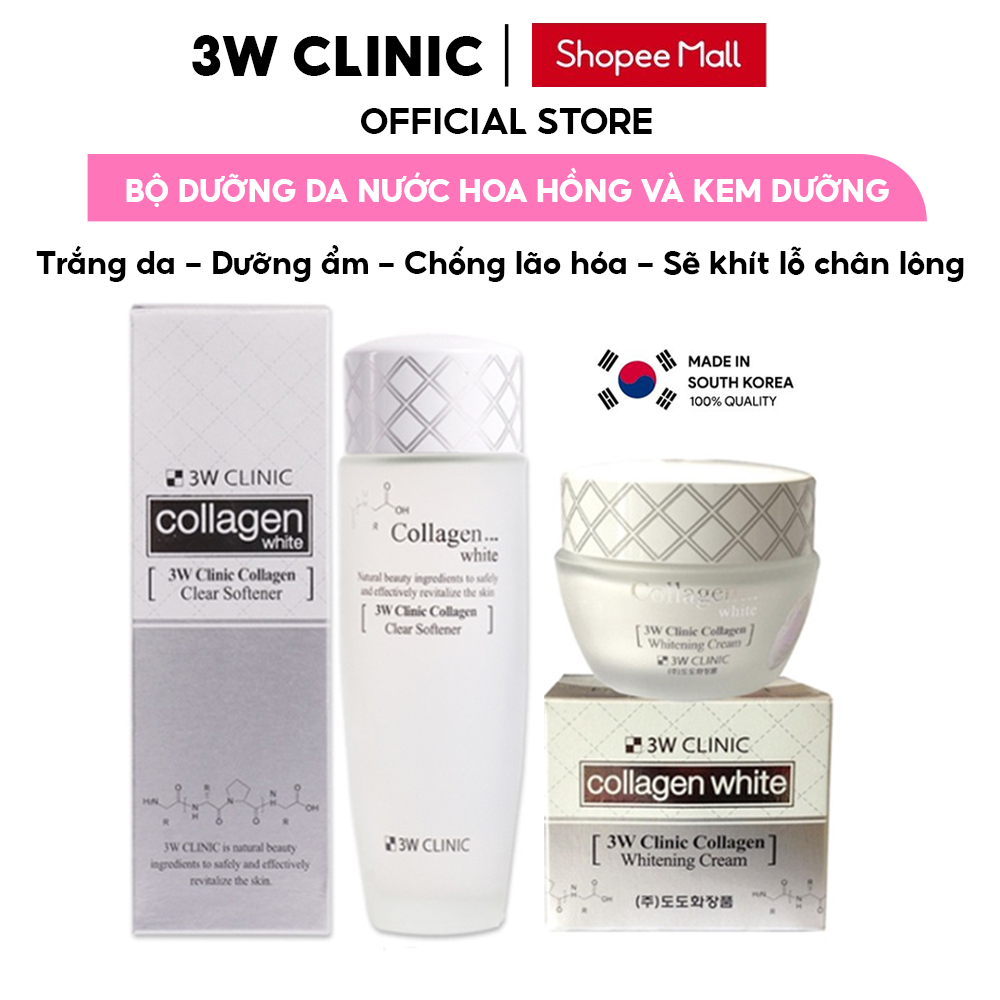 Bộ Skincare dưỡng trắng da dưỡng ẩm 3W Clinic Hàn Quốc  chiết xuất từ Collagen chống lão hóa [Nước hoa hồng+ Kem Dưỡng]