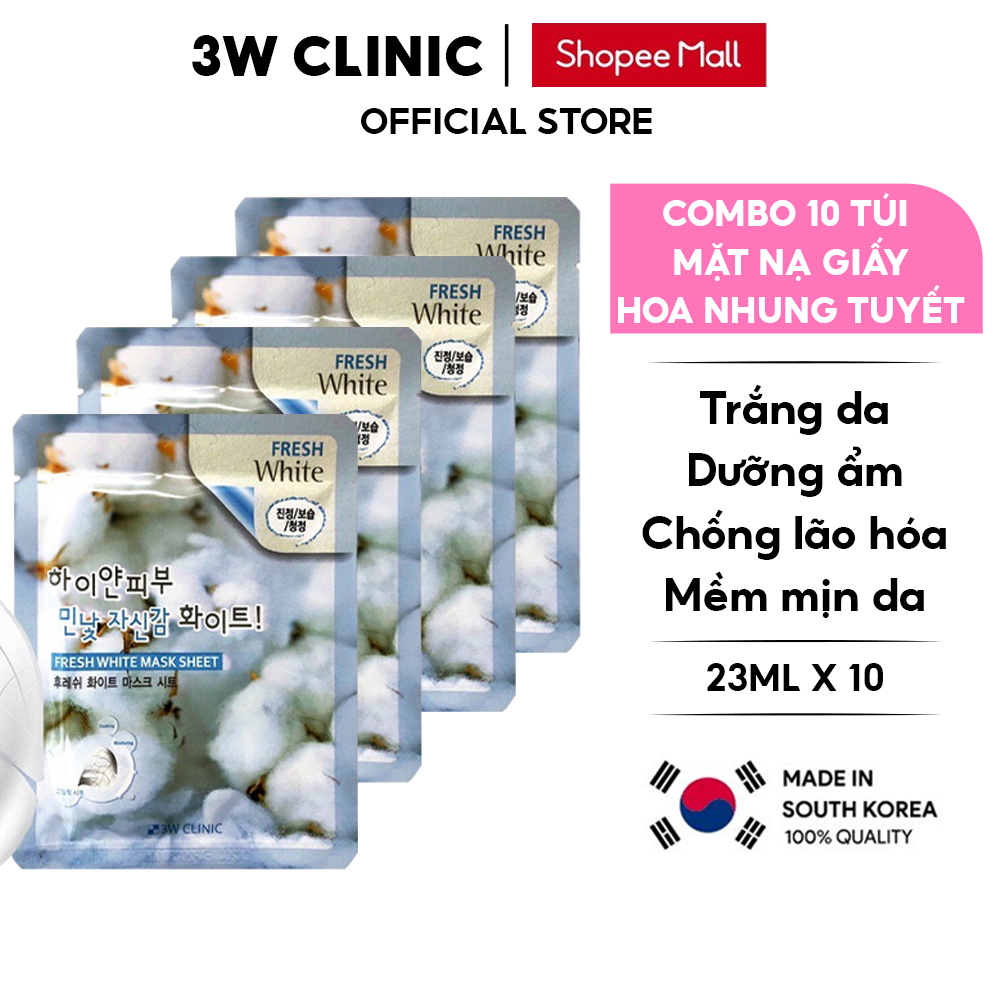 Combo 10 Túi Mặt nạ giấy dưỡng trắng da dưỡng ẩm chiết xuất từ Hoa Nhung Tuyết 3W Clinic Hàn Quốc 23mlx10