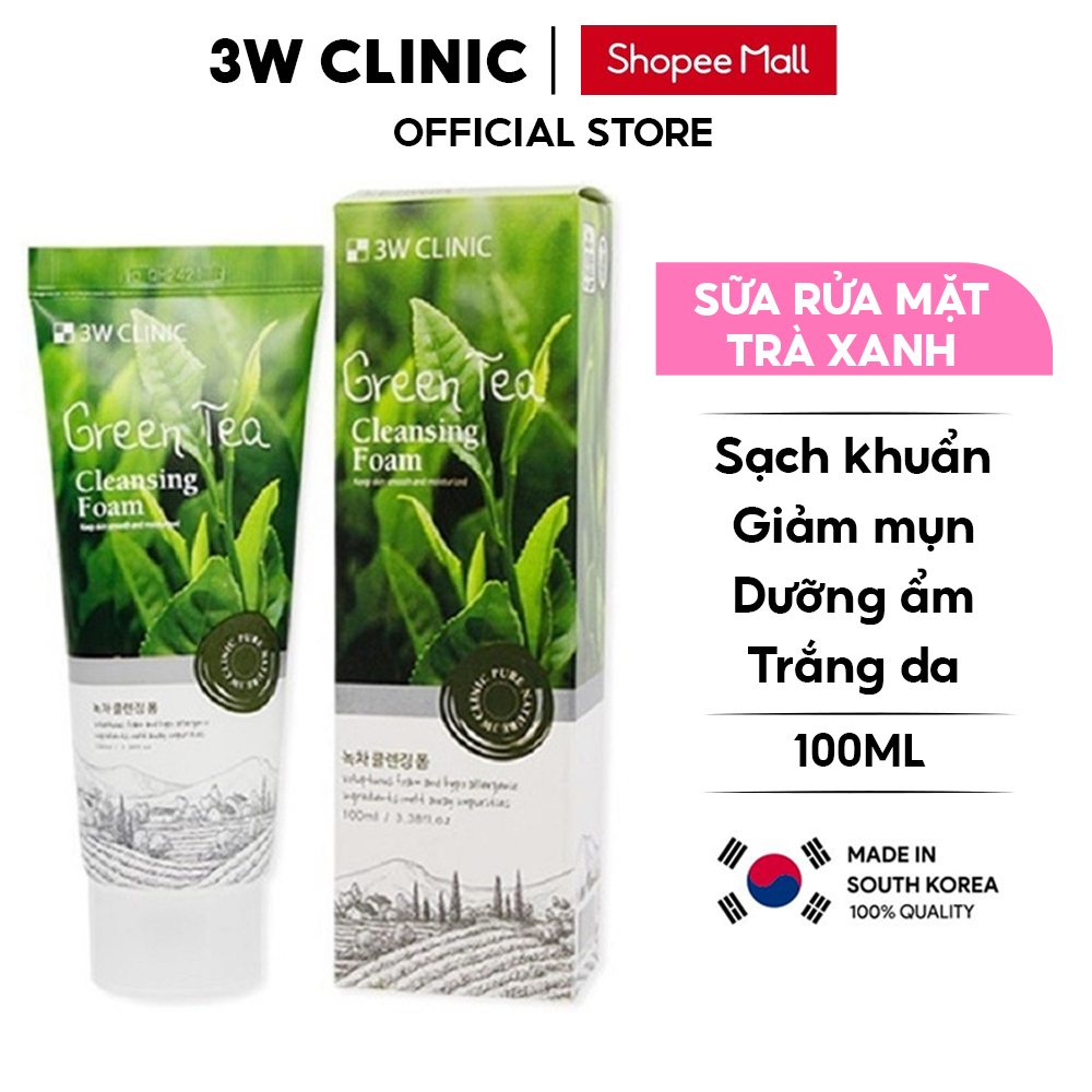 Sữa rửa mặt trà xanh 3W Clinic Green Tea Foam Cleansing Hàn Quốc 100ml Giúp làm sạch da/ giảm mụn/ trắng da tự nhiên