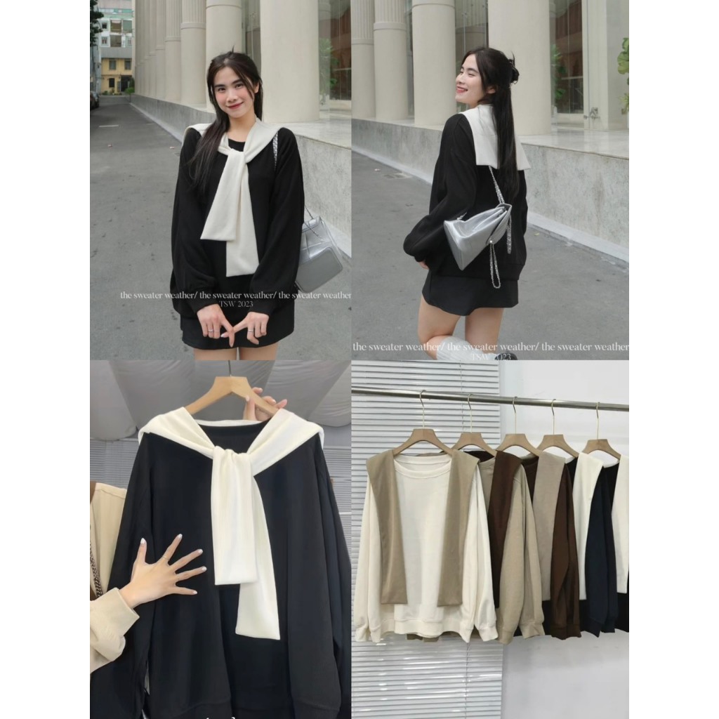 Áo sweater trơn form rộng basic nỉ tăm thủy thủ  tặng kèm khăn rời KIMII AoSWTkemkhanA1091 P6K7