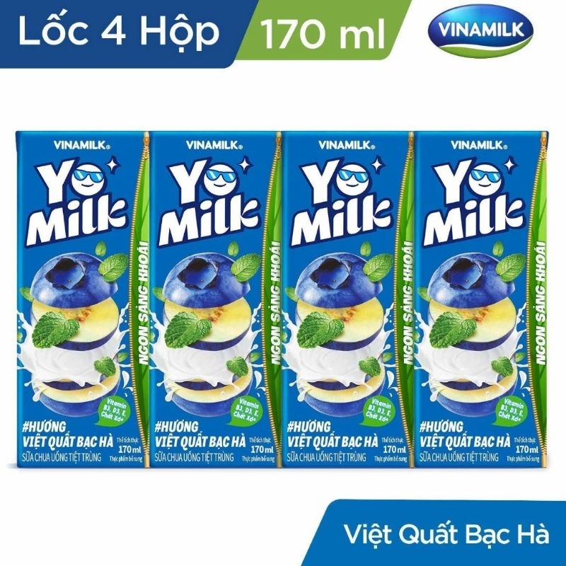 Combo2v-Sữa chua uống Vinamilk Yomilk hương việt quất bạc hà - Lốc 4 hộp 170ml