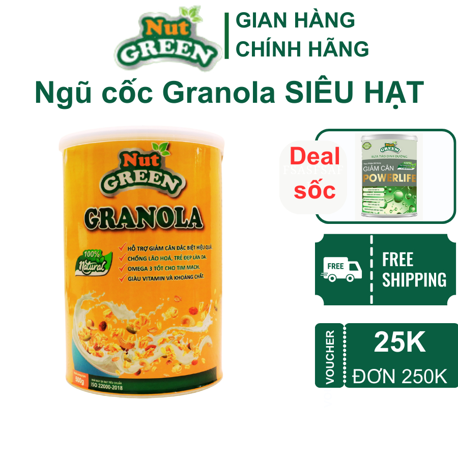 Granola Siêu Hạt Mix Hoa Quả NutGreen 500G, Ngũ Cốc hỗ trợ Ăn Kiêng Giảm Cân 5 Vị sữa chua sấy, matcha, choco và quế