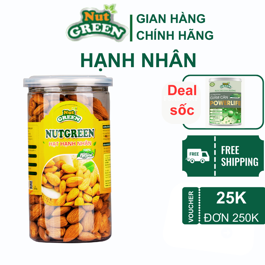 Hạt Hạnh nhân sấy nguyên vị NutGreen thơm giòn 500g Giảm cân Ăn Kiêng Keto Nhập khẩu Mỹ